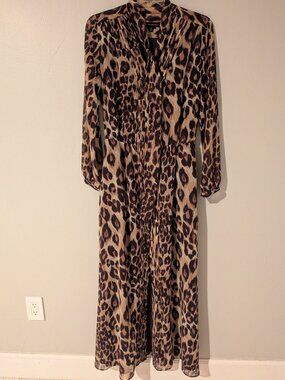 Banana Republic Women's Leopard Print Long Sleeve Tie Neck Maxi Dress Size S/P